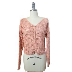 Vintage Paul Et Duffier Pink Crochet Cardigan Sweater Floral Ramie Cotton Sz 2